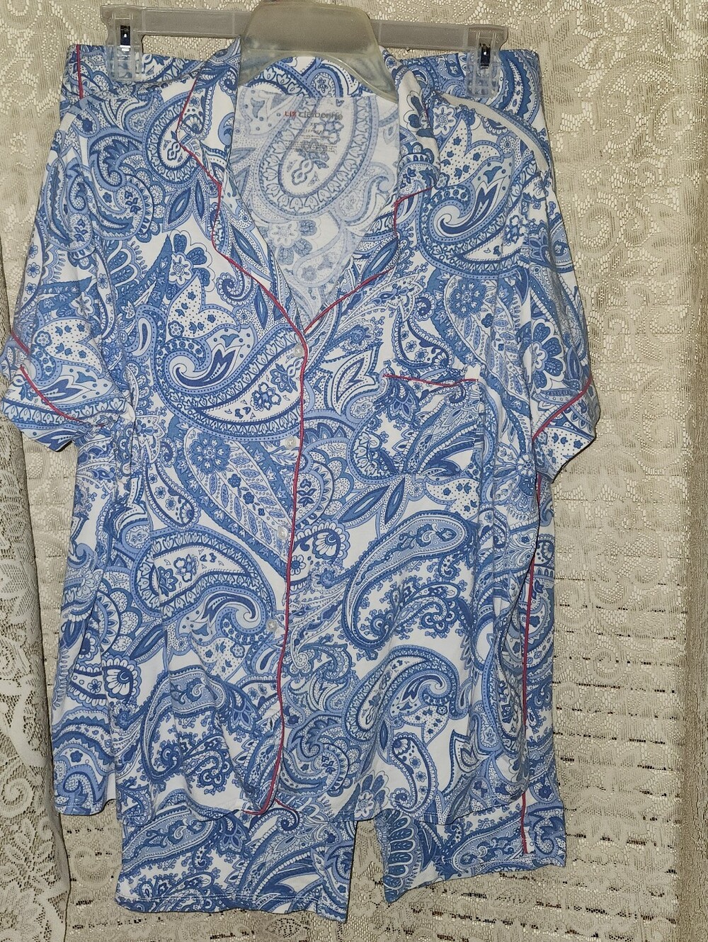 LIZ CLAIBORNE  Blue Paisley Short PJ Set with red Piping